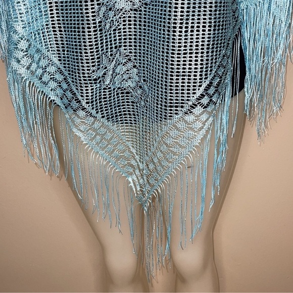 Light Blue Fringe Poncho One Size - Picture 4 of 5
